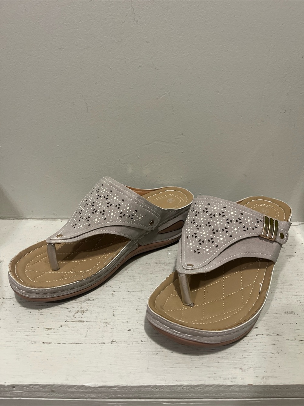 Women's Taupe Laser-Cut Wedge Thong Sandals